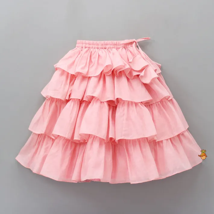 Sale Pink Floral Thread Embroidered Pleated Neck Top With Ruffle Layered Lehenga Ethnic Wear | Lehengas & Ghagras