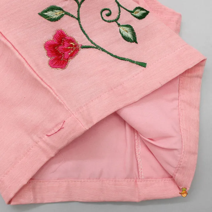 Sale Pink Floral Thread Embroidered Pleated Neck Top With Ruffle Layered Lehenga Ethnic Wear | Lehengas & Ghagras