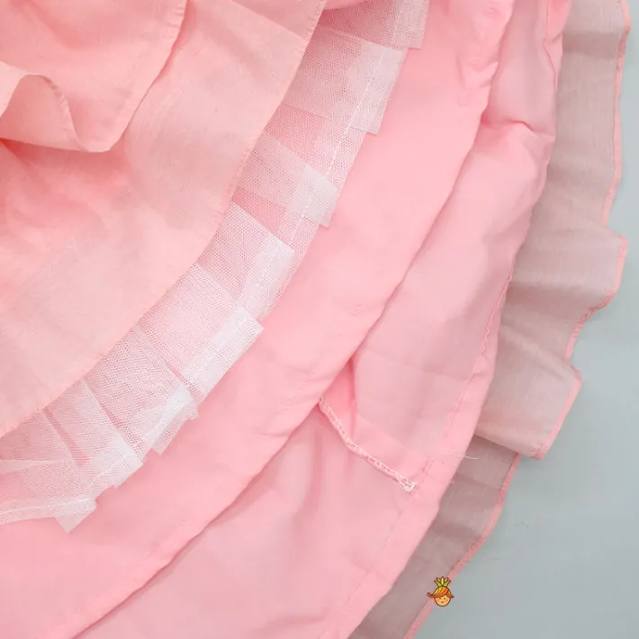 Sale Pink Floral Thread Embroidered Pleated Neck Top With Ruffle Layered Lehenga Ethnic Wear | Lehengas & Ghagras