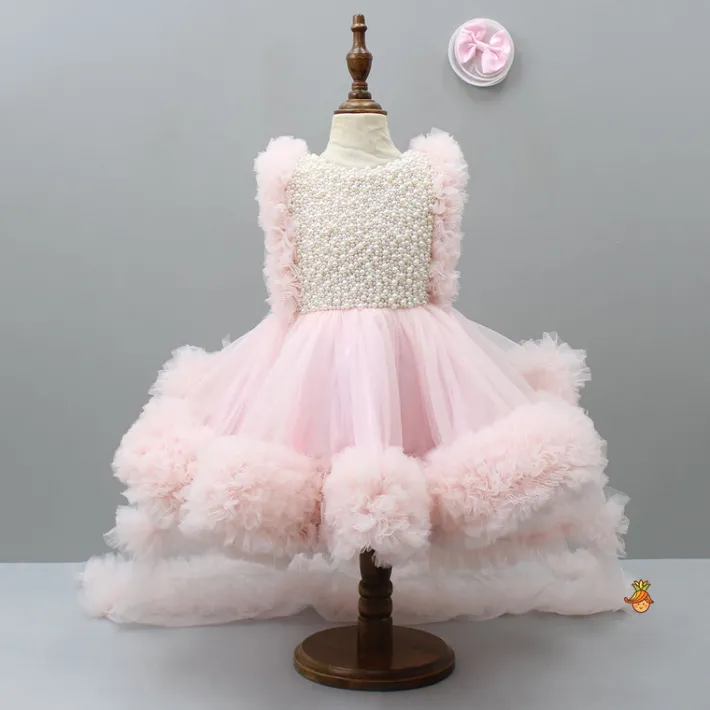 Online Pink Frilled Flared Dress With Detachable Bow And Trail With Head Band Dresses & Sets | Dresses