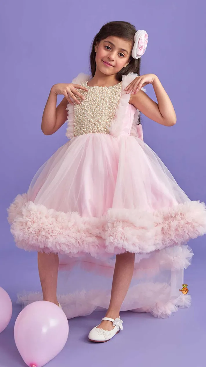 Online Pink Frilled Flared Dress With Detachable Bow And Trail With Head Band Dresses & Sets | Dresses