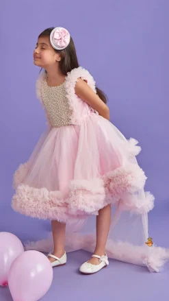 Online Pink Frilled Flared Dress With Detachable Bow And Trail With Head Band Dresses & Sets | Dresses