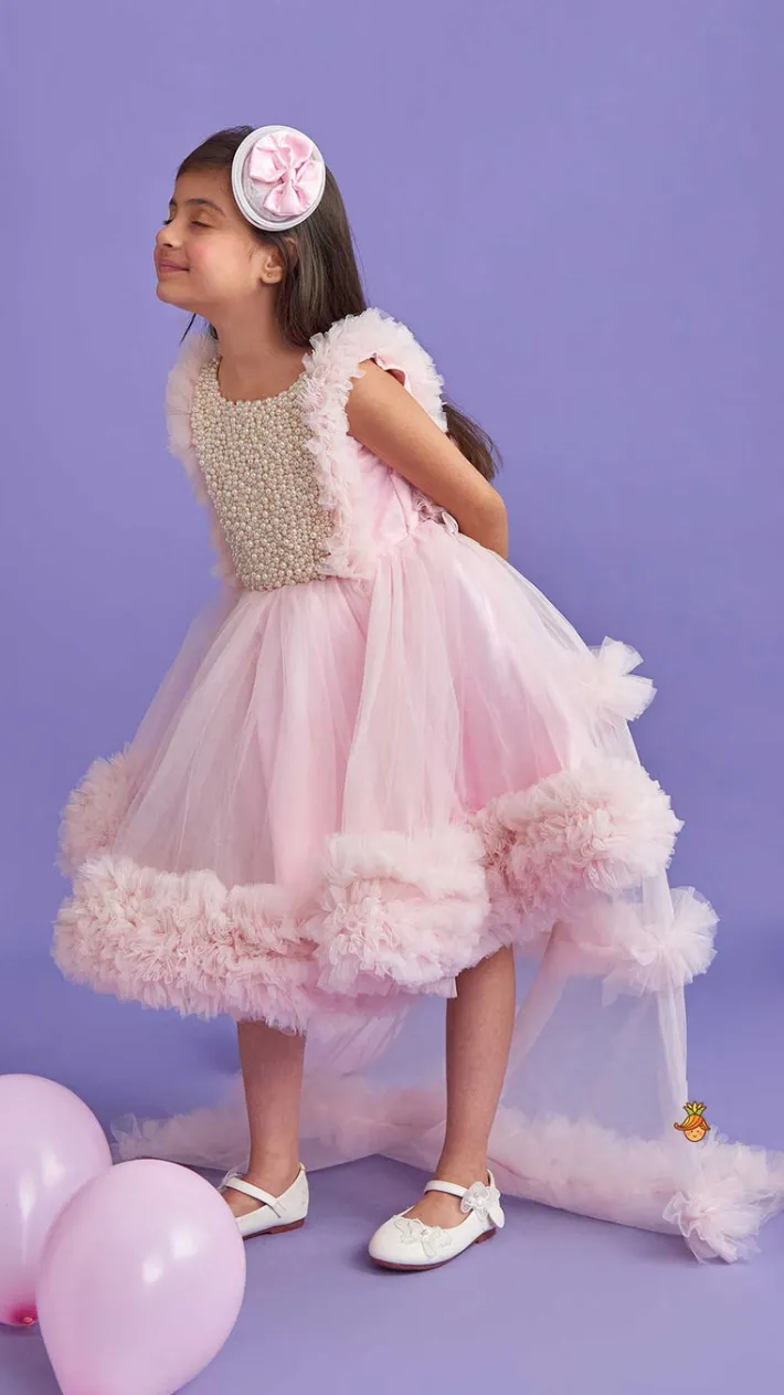 Online Pink Frilled Flared Dress With Detachable Bow And Trail With Head Band Dresses & Sets | Dresses