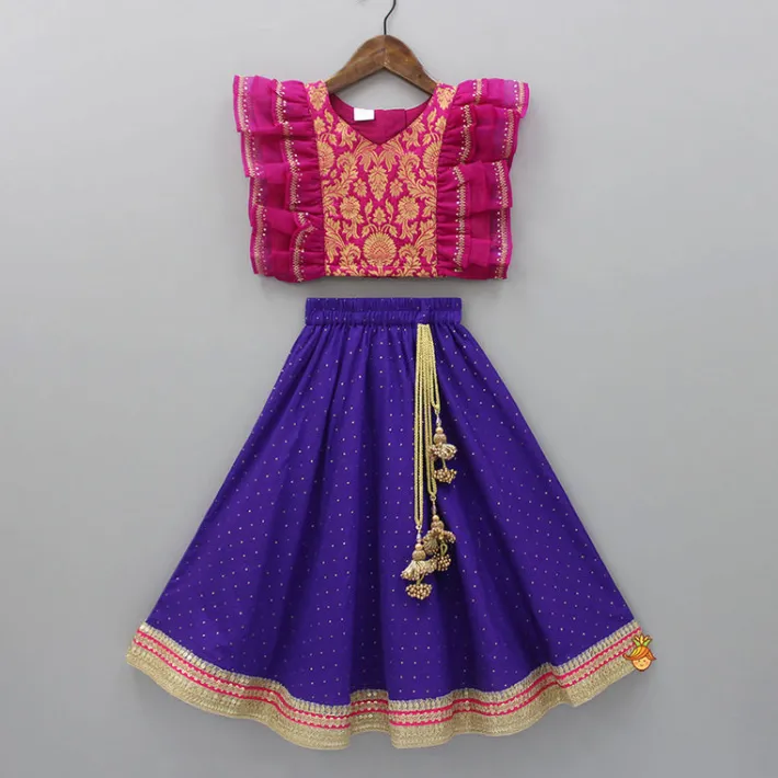 Hot Pink Frilly Brocade Top And Sparkling Lehenga Ethnic Wear | Lehengas & Ghagras