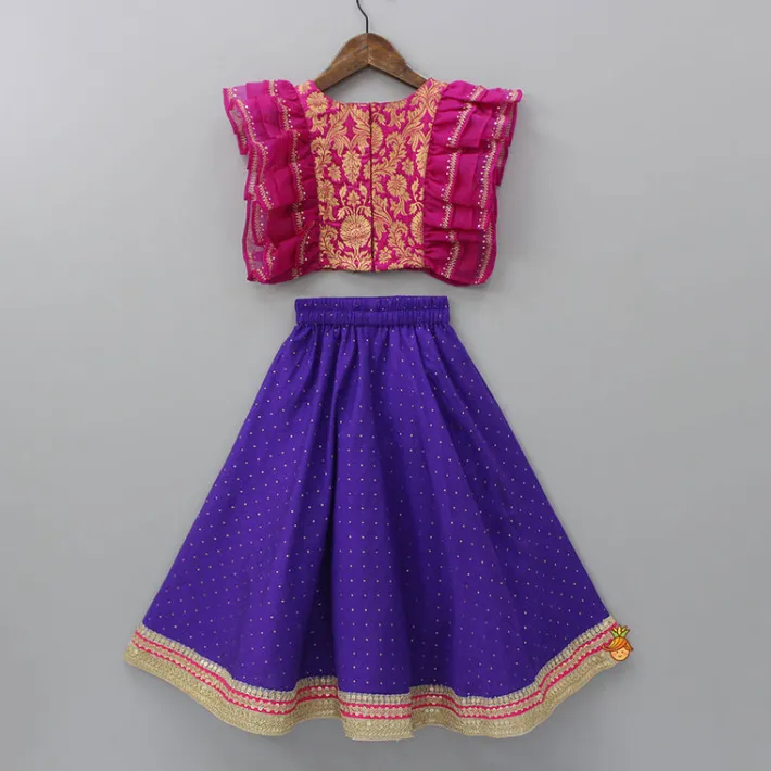 Hot Pink Frilly Brocade Top And Sparkling Lehenga Ethnic Wear | Lehengas & Ghagras