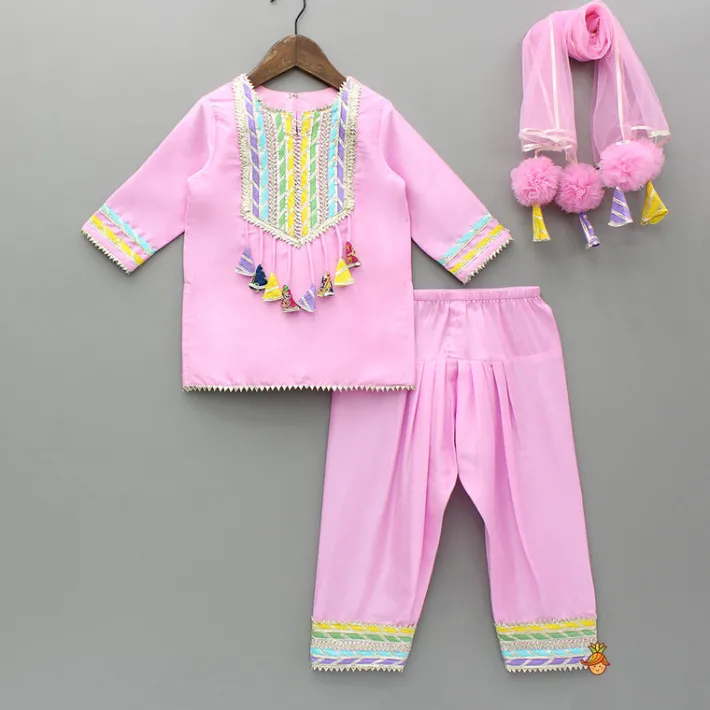 Fashion Pink Gota Lace Work Kurti And Salwar With Matching Dupatta Ethnic Wear | Churidars & Salwars