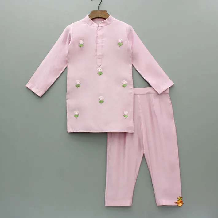 Best Pink Kurta With Embroidered Flower Applique And Pant BOY Indian Ethnic Wear | Ethnic Sets