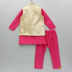 Best Pink Kurta With Faux Mirror Embroidered Jacket And Pyjama BOY Indian Ethnic Wear | Ethnic Sets