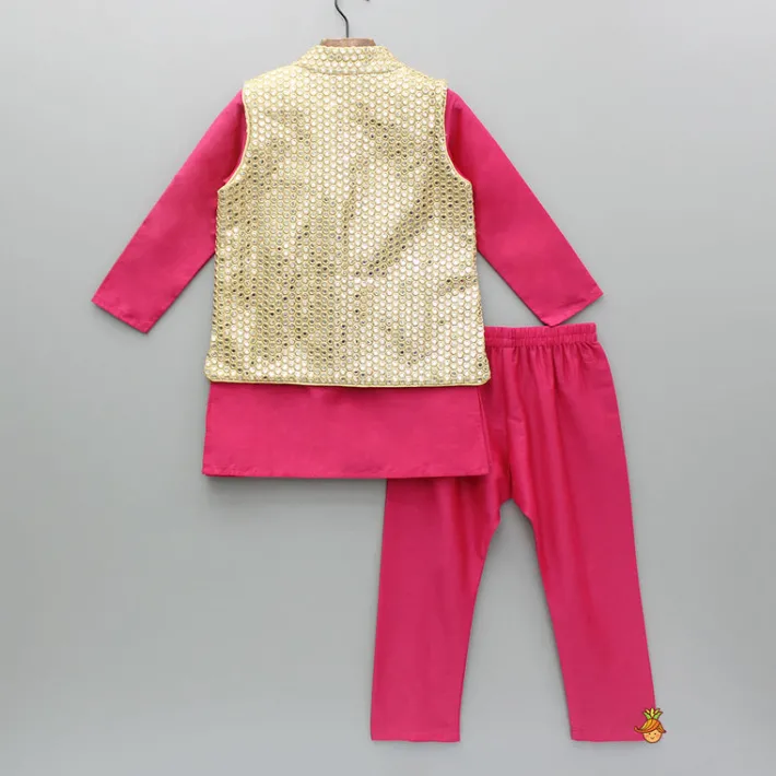 Best Pink Kurta With Faux Mirror Embroidered Jacket And Pyjama BOY Indian Ethnic Wear | Ethnic Sets