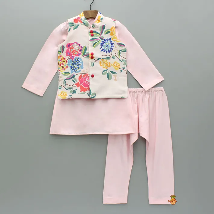 Sale Pink Kurta With Hand Embroidered Floral Printed Jacket And Pyjama BOY Indian Ethnic Wear | Ethnic Sets