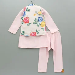 Sale Pink Kurta With Hand Embroidered Floral Printed Jacket And Pyjama BOY Indian Ethnic Wear | Ethnic Sets