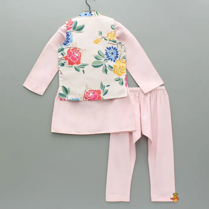 Sale Pink Kurta With Hand Embroidered Floral Printed Jacket And Pyjama BOY Indian Ethnic Wear | Ethnic Sets