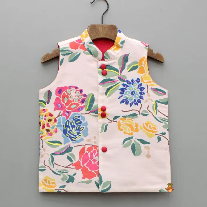 Sale Pink Kurta With Hand Embroidered Floral Printed Jacket And Pyjama BOY Indian Ethnic Wear | Ethnic Sets