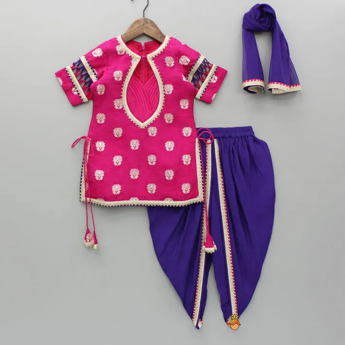 Online Pink Lace Work Kurti And Tulip Dhoti With Dupatta Ethnic Wear | Dhotis & Patialas