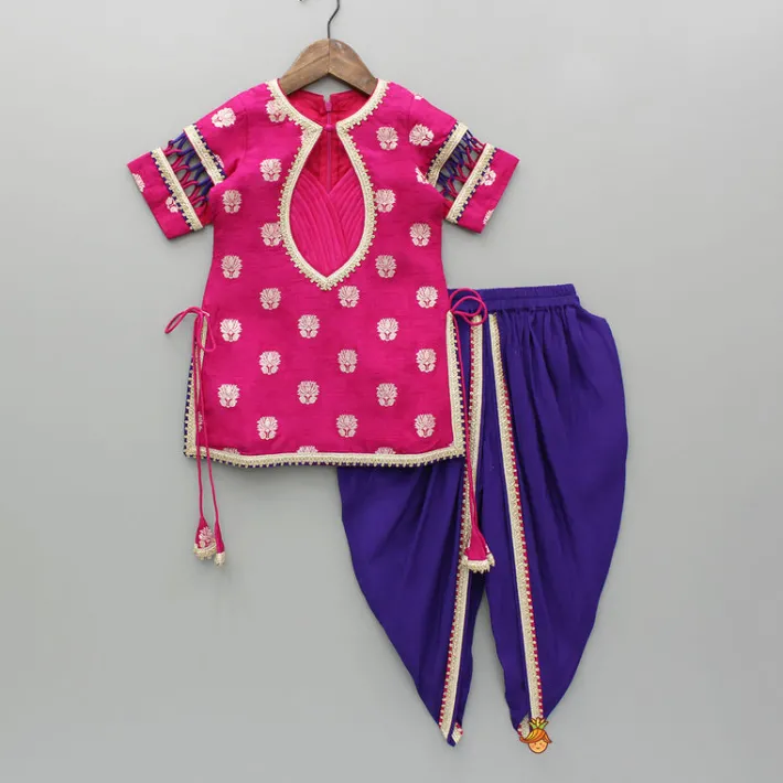 Online Pink Lace Work Kurti And Tulip Dhoti With Dupatta Ethnic Wear | Dhotis & Patialas
