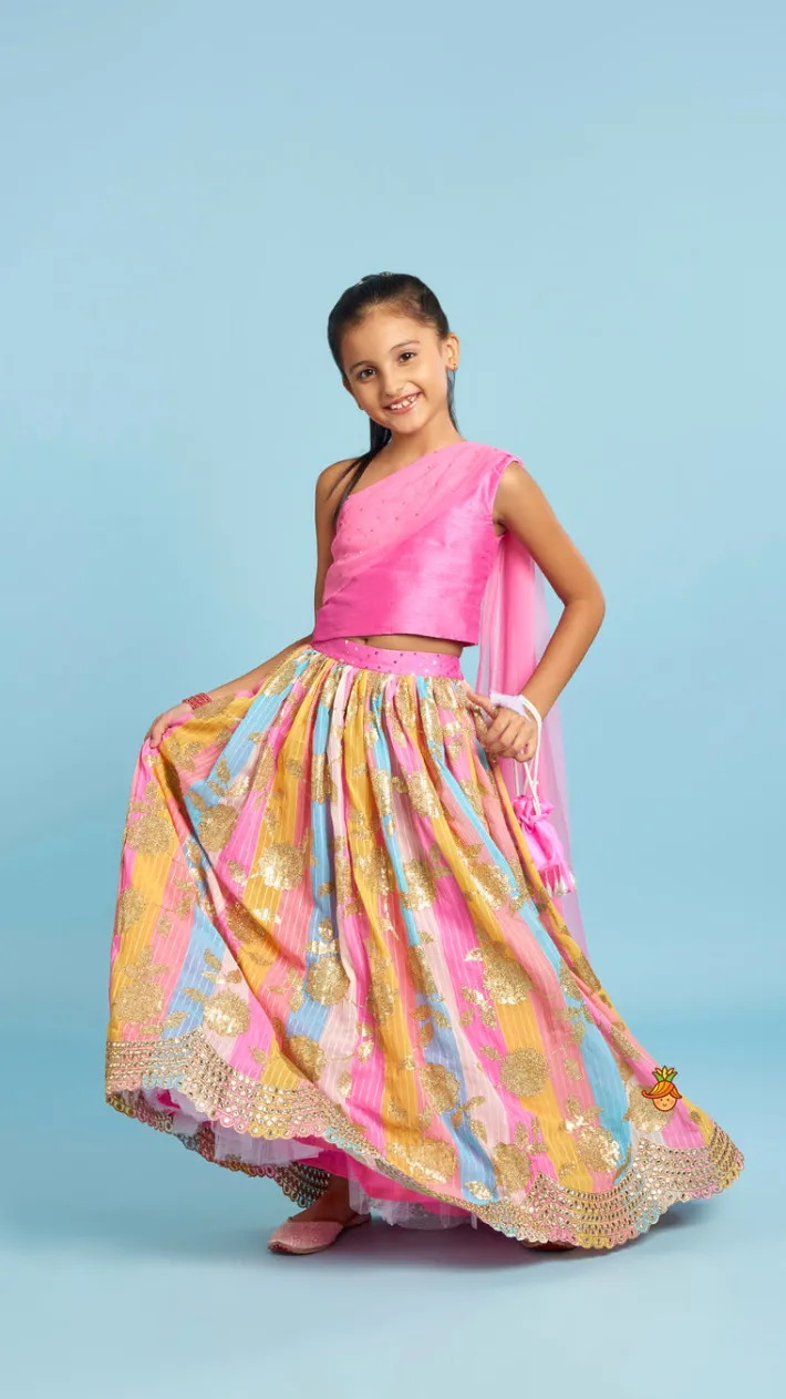 Sale Pink One Shoulder Drape Style Top With Multicolour Sequins Embellished Lehenga Ethnic Wear | Lehengas & Ghagras