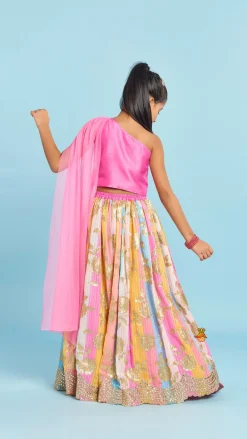 Sale Pink One Shoulder Drape Style Top With Multicolour Sequins Embellished Lehenga Ethnic Wear | Lehengas & Ghagras
