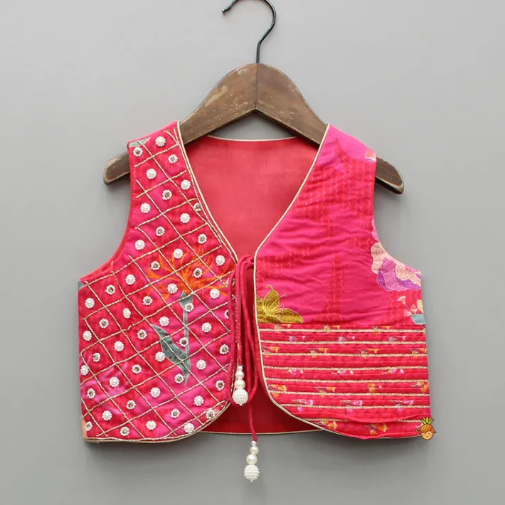 Fashion Pink Printed And Embellished Strappy Kurti With Embroidered Jacket Ethnic Wear | Kurtis & Jumpsuits