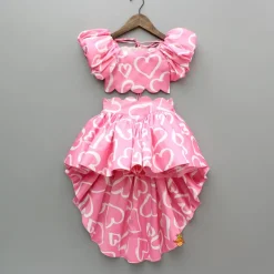 Outlet Pink Printed Smocked Top And High Low Skirt With Hairband Dresses & Sets | Sets