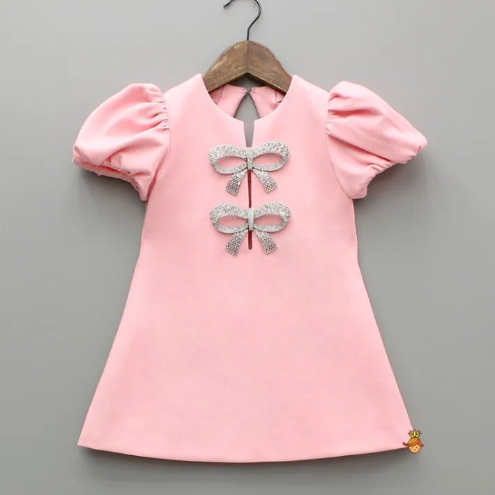 Online Pink Puff Sleeve Dress With Shiny Bowtie Embellishments Dresses & Sets | Dresses
