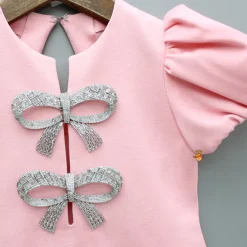 Online Pink Puff Sleeve Dress With Shiny Bowtie Embellishments Dresses & Sets | Dresses