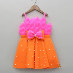 Fashion Pink Rose Petal Dual Tone Pleated Dress With Embellished Bow Dresses & Sets | Dresses