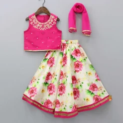 Fashion Pink Top With Floral Printed Skirt And Dupatta Ethnic Wear | Lehengas & Ghagras