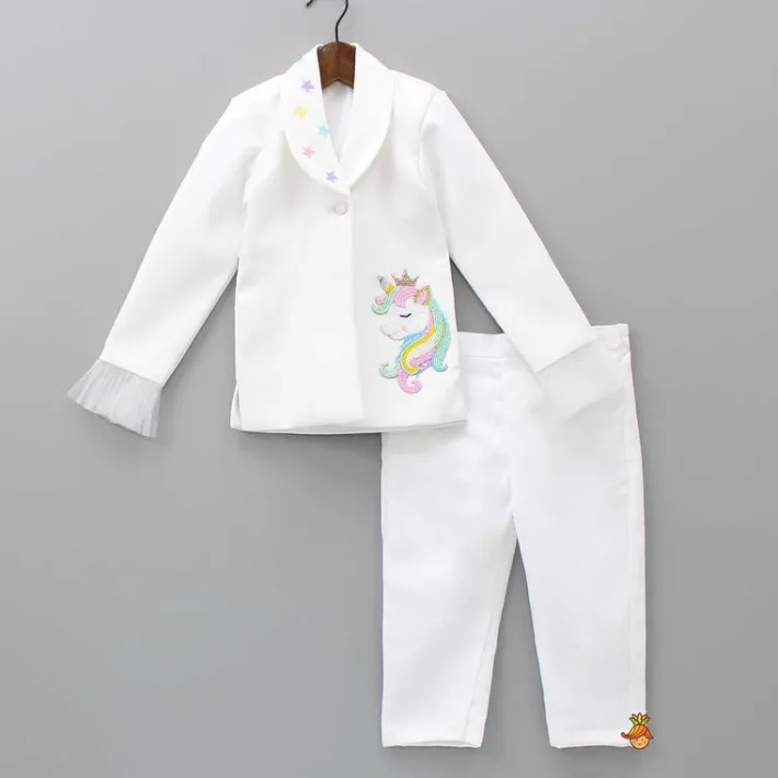 Best Pink Top With Unicorn Embroidered Scuba Blazer And Pant Dresses & Sets | Sets