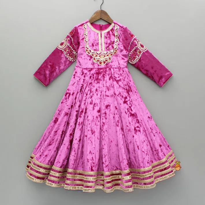 Fashion Pink Velvet Embroidered And Embellished Anarkali With Dupatta Ethnic Wear | Sarees & Anarkalis
