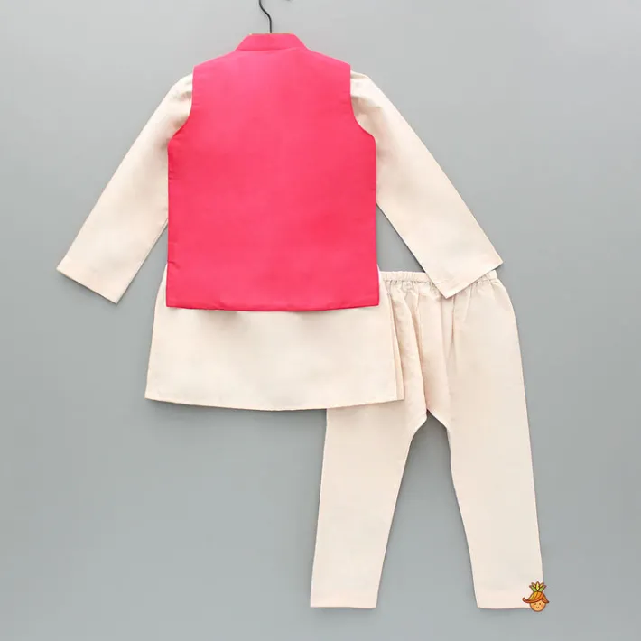 Outlet Plain Kurta With Embroidered Pink Jacket And Pyjama BOY Indian Ethnic Wear | Ethnic Sets
