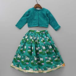 Outlet Pleated Green Top And Printed Lehenga With Sequins Lace Work Net Dupatta Ethnic Wear | Lehengas & Ghagras
