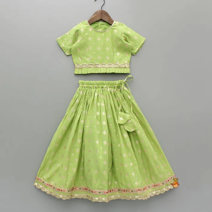 Best Pleated Hem Green Chanderi Embroidered Top And Lehenga With Net Dupatta Ethnic Wear | Lehengas & Ghagras