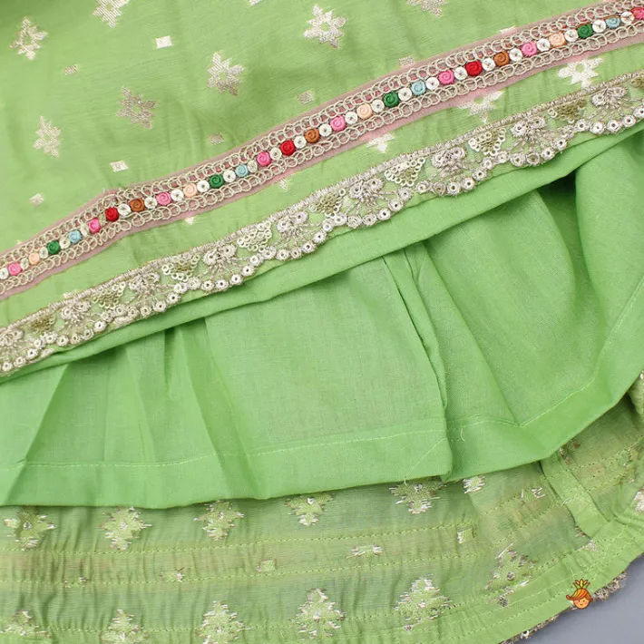 Best Pleated Hem Green Chanderi Embroidered Top And Lehenga With Net Dupatta Ethnic Wear | Lehengas & Ghagras
