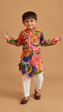 Fashion Pleated Stylish Hem Multicolour Kurta And Pyjama BOY Twinning Sets | Indian Ethnic Wear