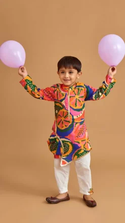 Fashion Pleated Stylish Hem Multicolour Kurta And Pyjama BOY Twinning Sets | Indian Ethnic Wear