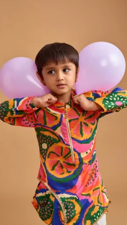 Fashion Pleated Stylish Hem Multicolour Kurta And Pyjama BOY Twinning Sets | Indian Ethnic Wear