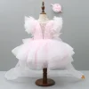 Clearance Pleated Yoke Cut-Out Back Pink Dress With Detachable Trail And Matching Headband Dresses & Sets | Dresses