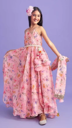 Discount Pleated Yoke Pink Asymmetric Anarkali And Fringed Dupatta Ethnic Wear | Sarees & Anarkalis