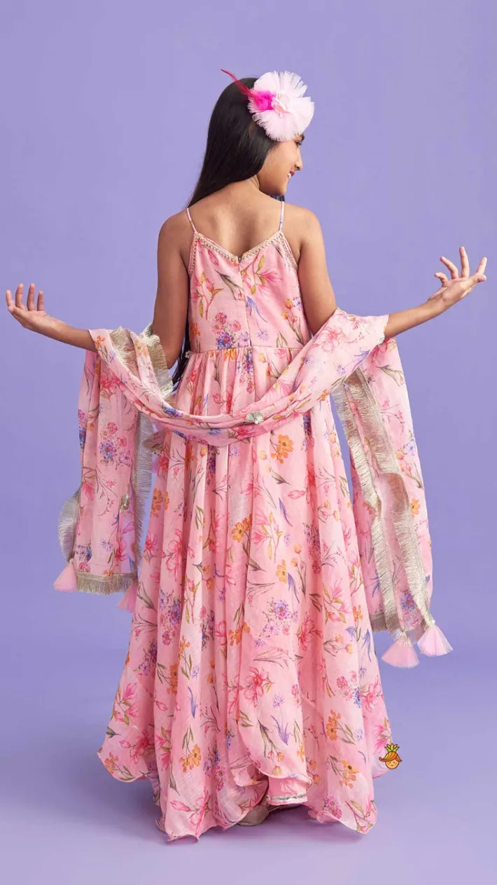 Discount Pleated Yoke Pink Asymmetric Anarkali And Fringed Dupatta Ethnic Wear | Sarees & Anarkalis