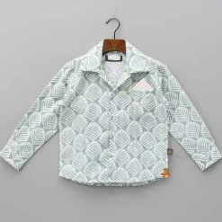 Fashion Pocket Detail Printed Collar Neck Green And White Shirt BOY Twinning Sets | Shirts & Tees