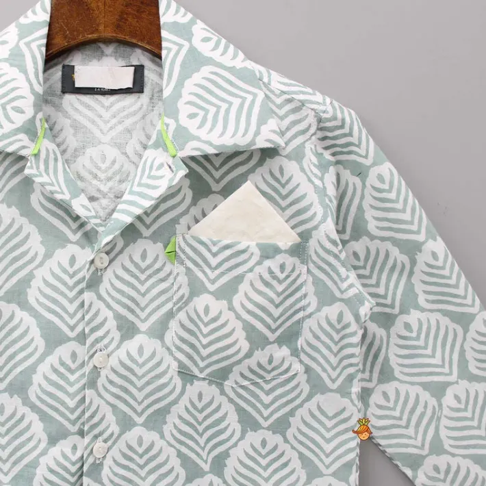 Fashion Pocket Detail Printed Collar Neck Green And White Shirt BOY Twinning Sets | Shirts & Tees