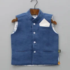 Hot Pocket Square Front Open Blue Jacket BOY Indian Ethnic Wear | Ethnic Jackets