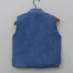 Hot Pocket Square Front Open Blue Jacket BOY Indian Ethnic Wear | Ethnic Jackets