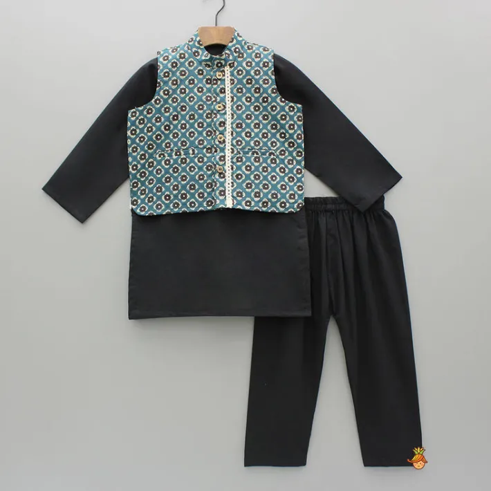 Clearance Pockets Detail Black Kurta With Printed Jacket And Pyjama BOY Twinning Sets | Indian Ethnic Wear