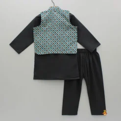 Clearance Pockets Detail Black Kurta With Printed Jacket And Pyjama BOY Twinning Sets | Indian Ethnic Wear