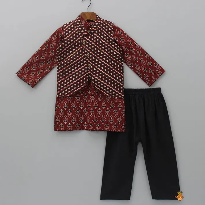 Hot Pockets Detail Brown Kurta With Stylish Hem Printed Jacket And Pyjama BOY Twinning Sets | Indian Ethnic Wear