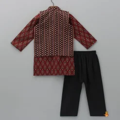 Hot Pockets Detail Brown Kurta With Stylish Hem Printed Jacket And Pyjama BOY Twinning Sets | Indian Ethnic Wear