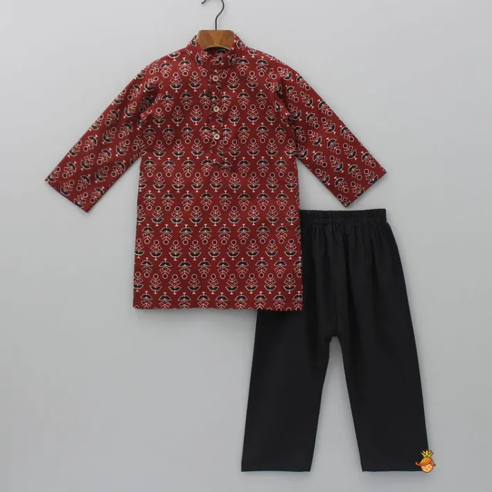 Hot Pockets Detail Brown Kurta With Stylish Hem Printed Jacket And Pyjama BOY Twinning Sets | Indian Ethnic Wear