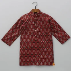 Hot Pockets Detail Brown Kurta With Stylish Hem Printed Jacket And Pyjama BOY Twinning Sets | Indian Ethnic Wear