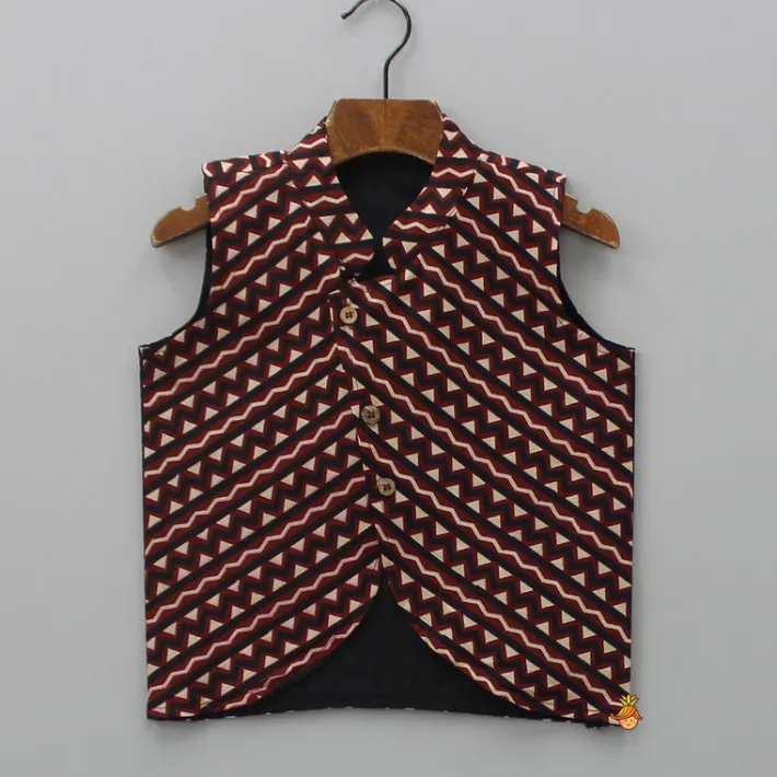 Hot Pockets Detail Brown Kurta With Stylish Hem Printed Jacket And Pyjama BOY Twinning Sets | Indian Ethnic Wear
